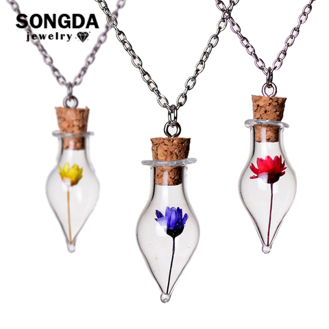 SONGDA Creative Dried Flower Wish Bottle Pendant Necklace Cool Beach Style Hope Lucky Glass Bottle Long Chain Necklace for Girls ► Photo 1/1