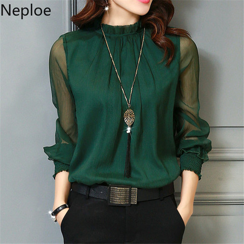 Chiffon Blouse 2022 New Women Tops Long Sleeve Stand Neck Work Wear Shirts Elegant Lady Blouses Casual Solid Color Blusas 32746 ► Photo 1/6