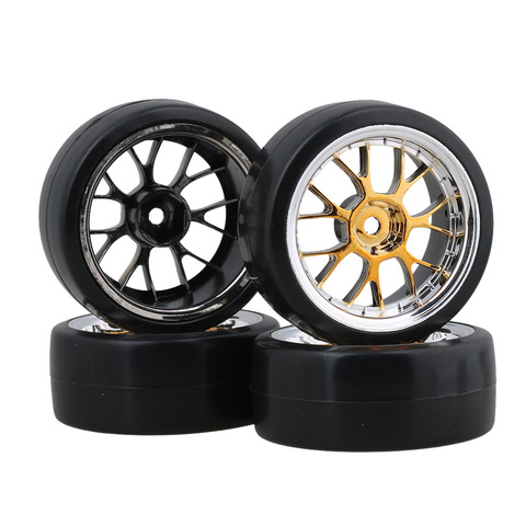 Mxfans Drift Smooth Tyres and Yellow Plating Y Shape Wheel Rims for RC 1:10 On Road Racing Car Pack of 4 ► Photo 1/6