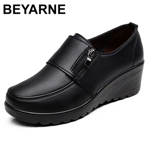 BEYARNE2022Spring Autumn Women's fashion Pumps shoes woman genuine leather wedge single casual shoes mother high heels shoesE175 ► Photo 1/6
