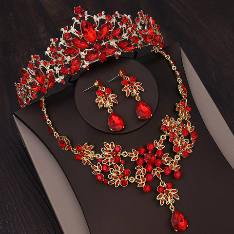 Baroque Gold Color Bridal Jewelry Sets Rhinestone Crown Necklace Earrings For Women Vintage Red Crystal Wedding Hair Accessories ► Photo 1/6