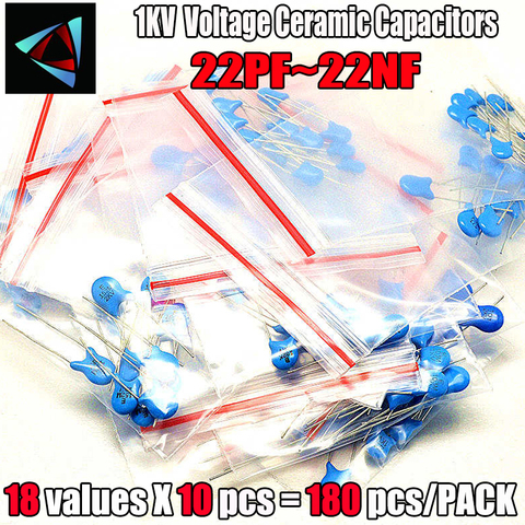 180PCS/LOT High Voltage Ceramic Capacitors Assortment Assorted Kit 18 ValuesX10pcs 1KV 2KV 3KV 22pf~22nf Capacitance Kit ► Photo 1/1