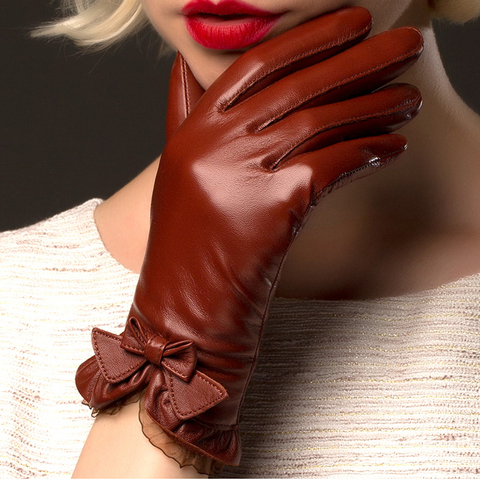 BOOUNI Genuine Sheepskin Gloves 2022 Fashion Wrist Lace Bow Solid Women Leather Glove Thermal Winter Driving Keep Warm NW176 ► Photo 1/6