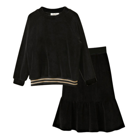 4 to 16 years kids & teenager big girls black velour long sleeve blouse with fishtail flare skirt 2 pieces set velvet clothes ► Photo 1/6