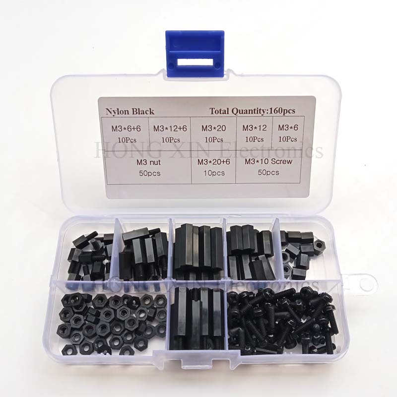 180 Pcs M3 Nylon Hex Spacers Screw Nut Stand-off Plastic Assortment Kit Black for sale online