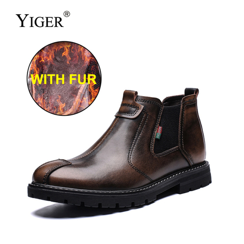 YIGER New Men Chelsea boots Genuine leather men Martins boots man ankle boots winter warm with fur male slip-on Brush shoes 239 ► Photo 1/6
