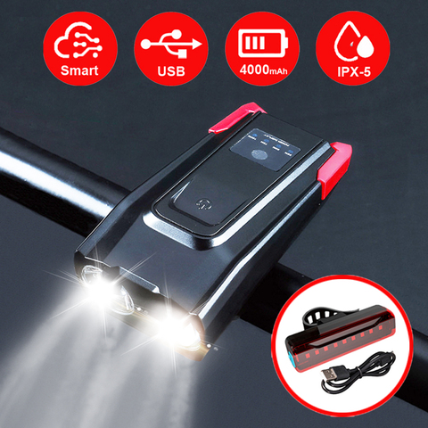 2000/4000mAh Smart Induction Bike Front Light Kit USB Rechargeable LED Taillight And Headlight With Horn FlashLight For Bicycle ► Photo 1/6