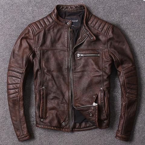 Free shipping.Vintage style mens cowhide clothes,quality biker leather Jacket,fashion black genuine Leather coat.homme slim, ► Photo 1/6
