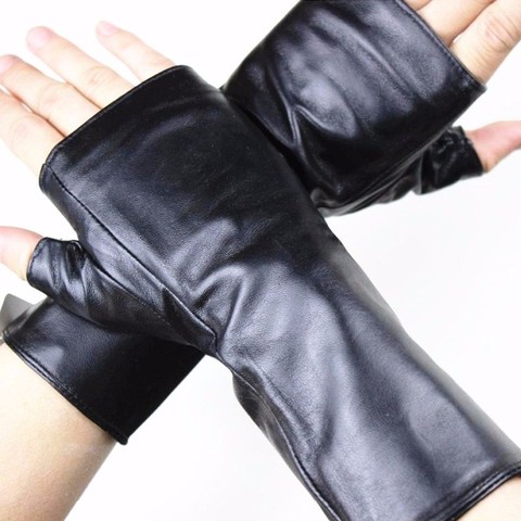 Leather sheepskin half finger gloves long ladies mitts velvet lining spring and autumn driving gloves 22 cm length ► Photo 1/6