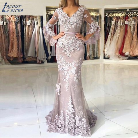 LAYOUT NICEB Speaker Sleeves Mermaid Evening Dresses Elegant Lace Appliques Formal Prom Party Gown Celebrity suknie wieczorowe ► Photo 1/3