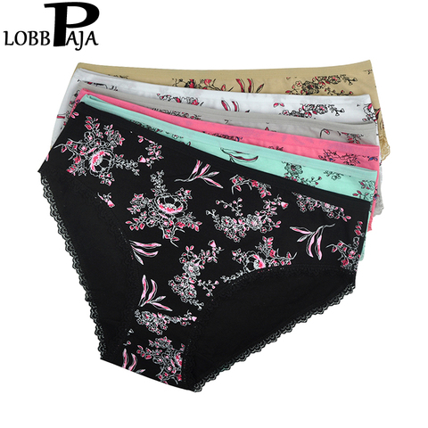 LOBBPAJA 6 PCS/lot Women Underwear Cotton Mid Waist Floral Print Sexy Lace Ladies Panties Briefs Lingerie Plus Size for Women A5 ► Photo 1/6