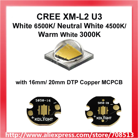 Cree XM-L2 U3 Warm White 3000K /  Neutral White 4500K / White 6500K LED Emitter with 16mm / 20mm Copper PCB ► Photo 1/2