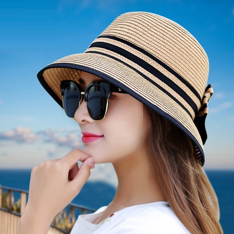 Muchique Boater Hats for Women Summer Sun Straw Hat Wide Brim Beach Hats Girl Outside Travel Straw Cap Casual Bow Hat B-7847 ► Photo 1/5