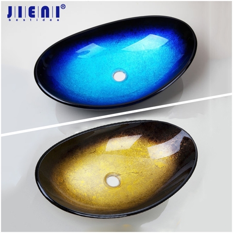 JIENI Blue & Black Yellow Single Tempered Glass Bathroom Oval Wash Basin Bowl Vessel Sink without Overflew Pop Drain ► Photo 1/6