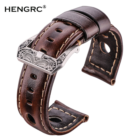Oil Wax Genuine Leather Watchbands 22mm 24mm Dark Brown Women Men Cowhide Watch Band Strap Belt With Black Pin Buckle ► Photo 1/6