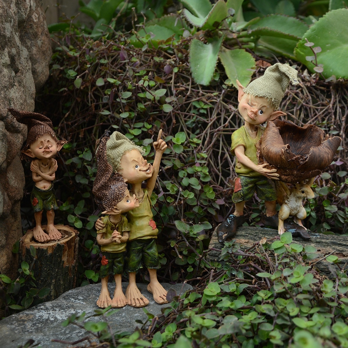 Cute Elves & Squirre Garden Figurine Fairy Tale Sleeping Elfs Baby Resin Statue 