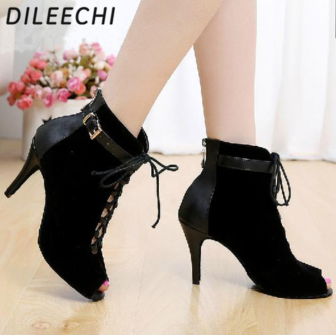 DILEECHI Brand women's Black Purple velvet Genuine leather Latin dance boots high heels Party Spot zipper on back shoes ► Photo 1/6
