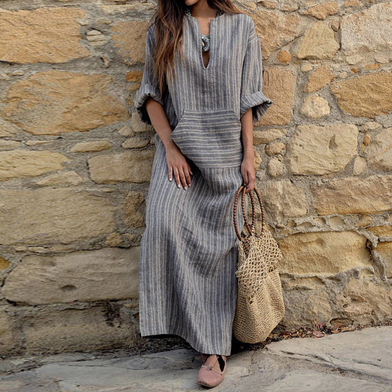 Womens Cotton Linen Dress Big size 5XL large size Kaftan Long Sleeve 2022 Summer Striped Women Plus Size Long Maxi Boho Dresses ► Photo 1/5