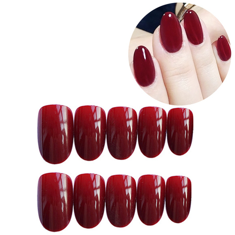 24pcs/Set Gorgeous Wine Red False Nails With Glue Middle Long Round Head Full Nail Tips Finished Fake Nail artificial nails ► Photo 1/6