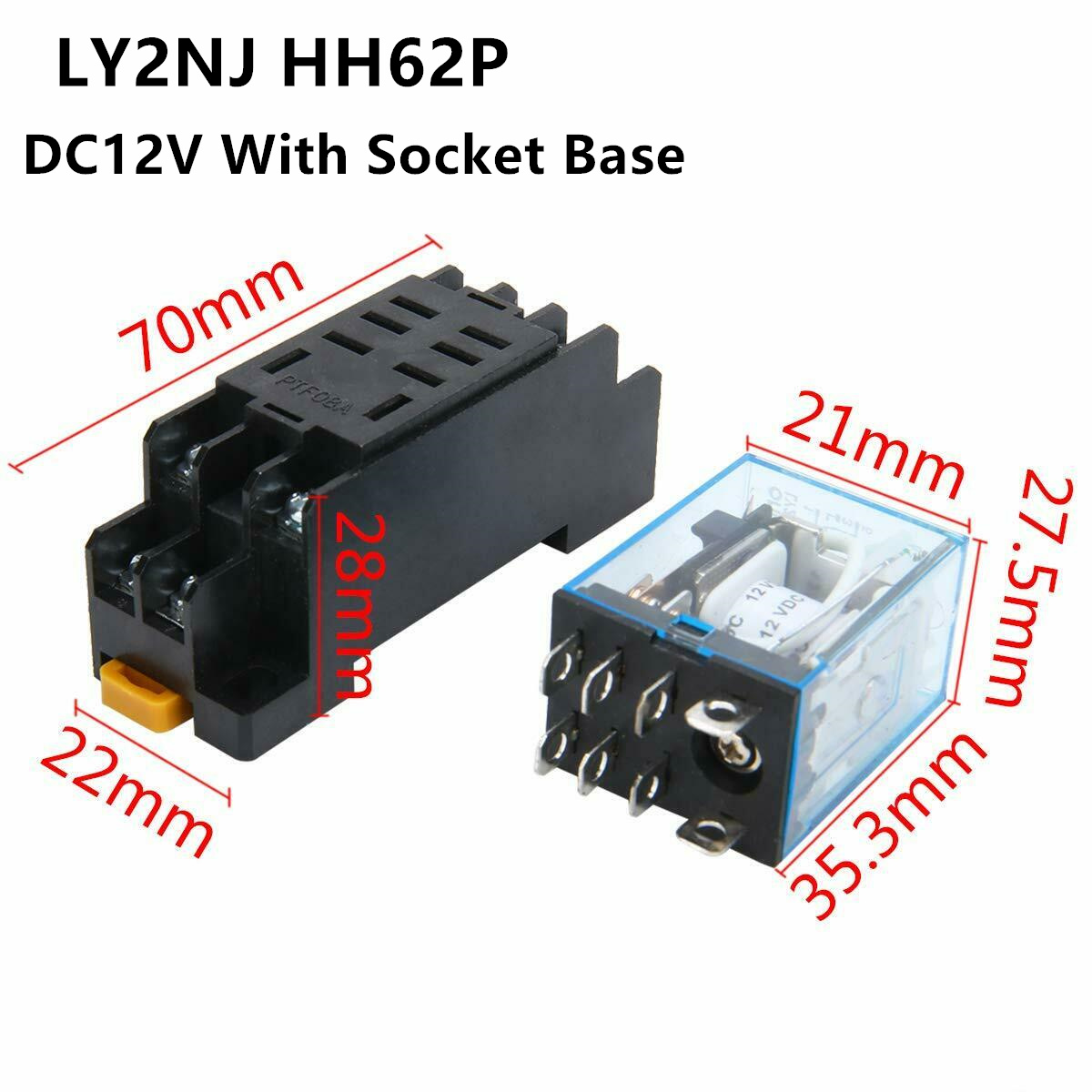 AC 220V DC12V Coil Power Relay 8Pin 10A DPDT LY2NJ HH62P HHC68A-2Z Socket Base U