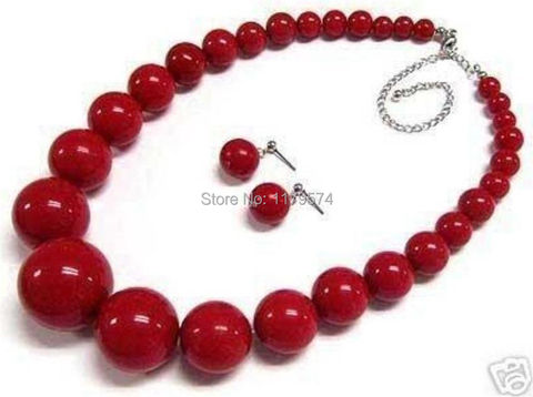 new fashion Beautiful 6-14mm Imitation Red Pearl Round Beads Necklace Stud Earrings Sets 18 