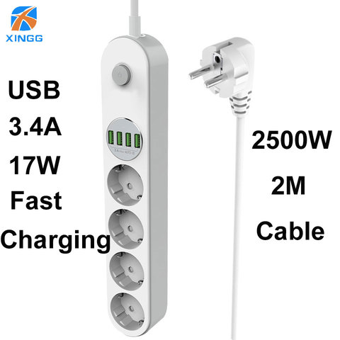Eu Plug Power Strip Switch 4 Outlets 4 USB Fast Charging Electric Extender Socket 2M Cord Cable Surge Protector Network filter ► Photo 1/6