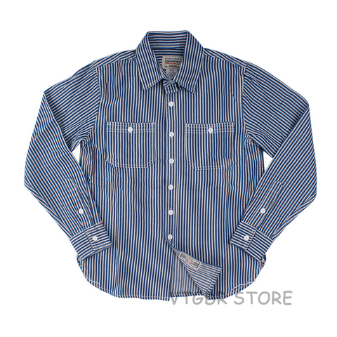 Vintage Striped Wrok Shirts For Men Fall Casual Railroad Retro Long Sleeve Western Worker Shirt Slim Fit ► Photo 1/6
