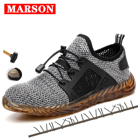 MARSON Men Breathable Mesh Safety Shoes Men's Light Sneaker Indestructible Steel Toe Soft Anti-piercing Work Boots Plus size ► Photo 1/6