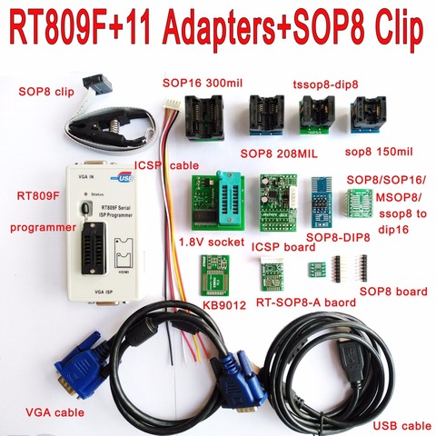 Original RT809F programmer +11 Adapters + SOP8 clip clamp + 1.8V /TSSOP8 SOCKET VGA LCD programmer ICSP board 24 25 93 serise IC ► Photo 1/1