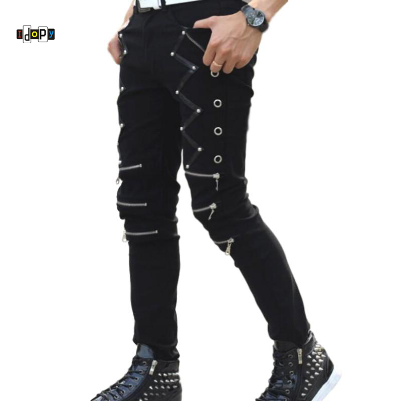 Idopy New Arrival Spring Fashion Mens Punk Skinny Pants For Man Cool Cotton Casual Pants Zipper Slim Fit Black Goth Trousers ► Photo 1/6