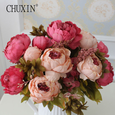 Cheap 1 Bouquet European Pretty Bride Wedding Small Peony Silk Flowers Mini  Fake Flowers for Home Decoration Indoor