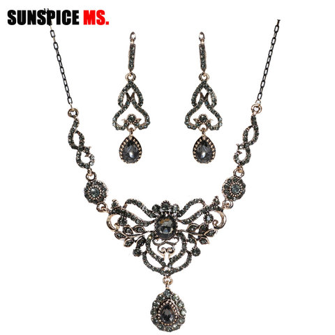 Sunspicems Bohemia Gray Rhinestone Wedding Jewelry Sets for Women Long Drop Earrings Flower Necklace Retro Gold Color Party Gift ► Photo 1/6