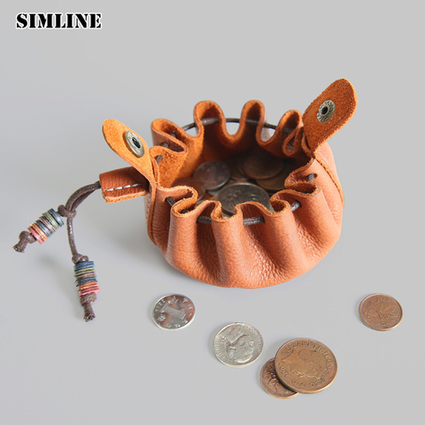 SIMLINE Vintage Genuine Leather Coin Purse Men Women Handmade Small Mini Wallet Wallets Pouch Pocket Storage Bag DrawString Bags ► Photo 1/6