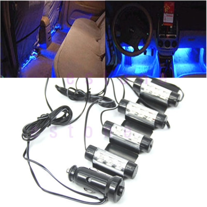 12V 4x 3LED Car Charge 4 in1 Atmosphere Light Lamp Blue Glow Car Interior Decor 