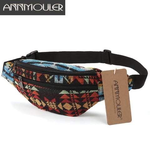 Annmouler New Women Fanny Pack 8 Colors Fabric Waist Packs Bohemian Style Waist Bag 2 Pocket Waist Belt Bag Travel Phone Pouch ► Photo 1/6