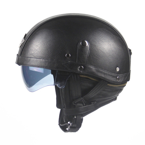 Motorcycle Motorbike Rider Half  PU Leather Retro  Helmet Visor With Collar  Open Face Half Motor with dual lens ► Photo 1/6