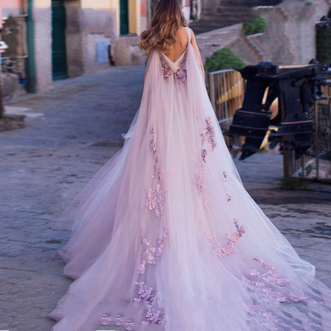 Boho Wedding Dress 2022 3D Flowers Light Purple Beach Bride Dresses Backless Puff Tulle Wedding Gowns Long Train Floor Length ► Photo 1/3