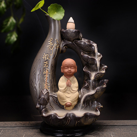 Little Buddha Monk Ceramic Backflow Incense Burner Lotus Waterfall Incense Holder Home Decor Aromatherapy Censer ► Photo 1/6