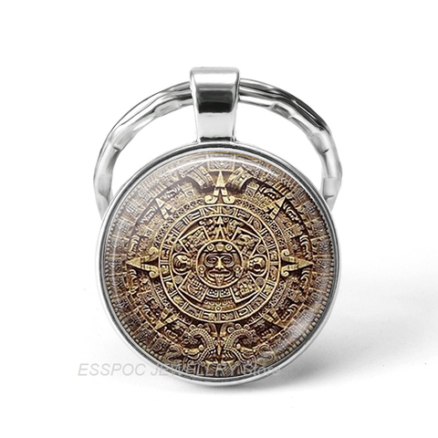 2022 Hot Mayan Calendar Keychain Glass Jewelry Vintage Key Chain Car Key Ring Mexican Aztec Calendar Pendant Gifts Dropshipping ► Photo 1/6