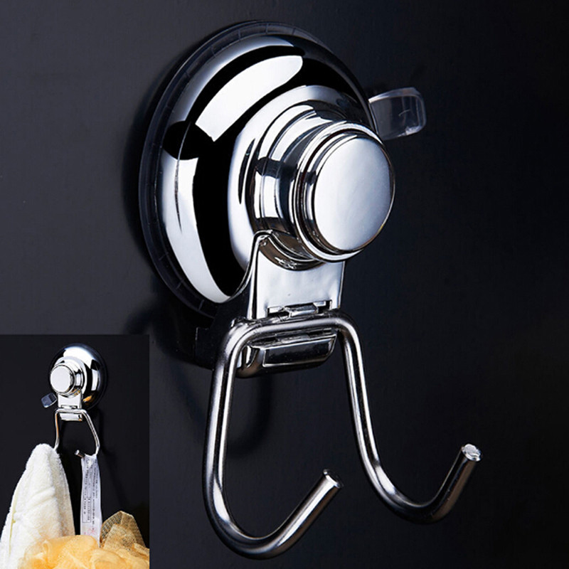 1PC Stainless Steel Suction Cup Double Hook Towel Kitchen Bathroom Wall Hanger S 