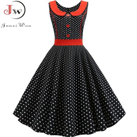 Black Polka Dot Printed Vintage Dress Women Summer Retro 50s 60s