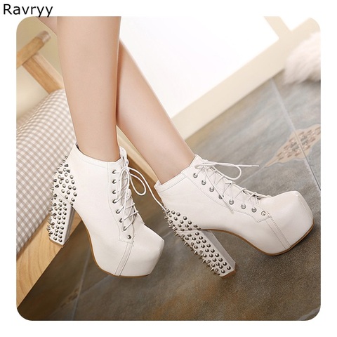 Lace Up White Woman's ankle boots Long Rivet Model Show Fun Club Party Motorcycle short Boots Female Shoes Platform Thick Heel ► Photo 1/6
