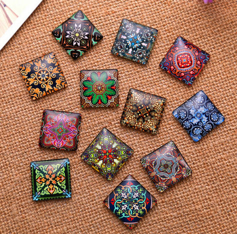 10mm 15mm 20mm 25mm Decorative Pattern Square Handmade  Cabochons Glass Demo flat back Jewelry Making findings Pendant Settings ► Photo 1/4