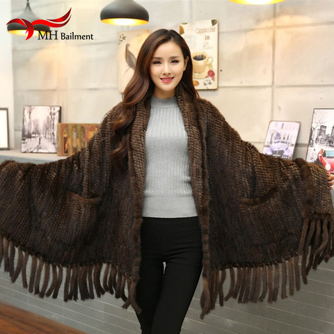 Women Fur Poncho Winter Black/Brown Knit Natural Mink Fur Scarves Wraps Real Mink Fur Shawls for Women Mink Fur Shawl D9 ► Photo 1/6