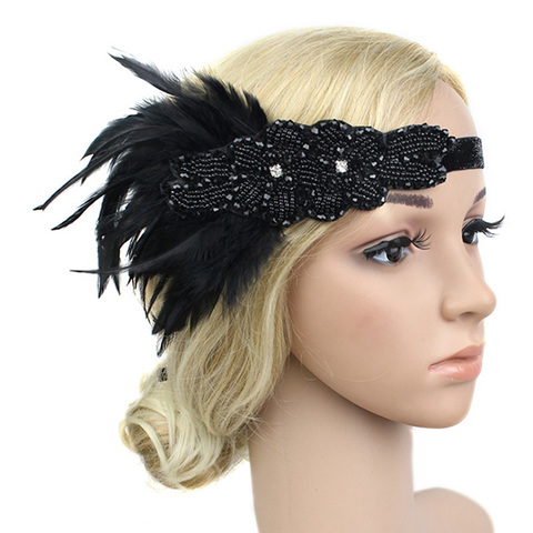 Hair Accessories Black Rhinestone Beaded Sequin Hair Band 1920s Vintage Gatsby Party Headpiece Women Flapper Feather Headband ► Photo 1/6