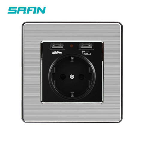 SRAN EU power socket, socket with USB,5V 2A stainless steel panel 86mm*86mm Silver plating white/black/gold ► Photo 1/6