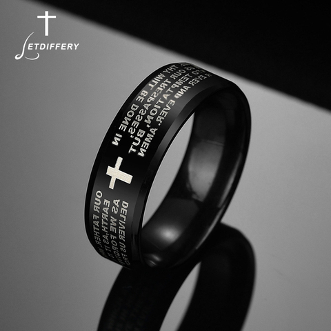 Letdiffery Stainless Steel Black Color Jesus Cross Ring Letter Bible Prayer Finger Rings For Men 8mm Amulet Jewelry ► Photo 1/6