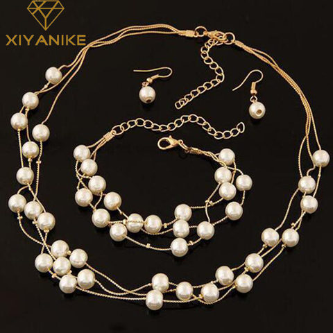 Imitation Pearl Jewelry Set Simulated Pearl Double Layer Women Earrings Necklace Bracelet Sets for Wedding N271 ► Photo 1/6