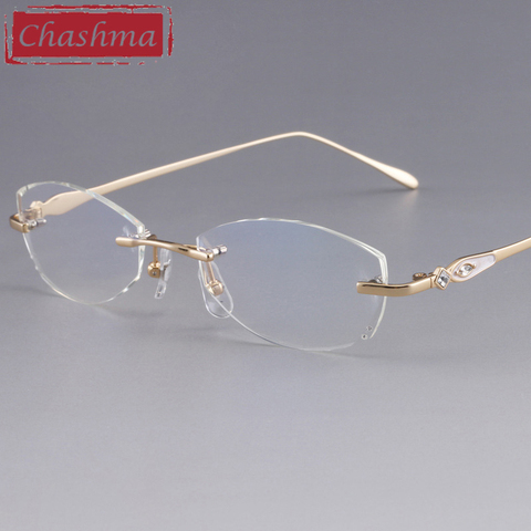 Chashma Designer Eyeglasses Diamond Female Rimless Titanium Glasses Frame Transparent Stone Lenses Women Prescription Spectacles ► Photo 1/5