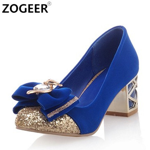 Luxury Medium Heels Casual Women Pumps Shoes Round toe block Sweet Bow-tied Black Pink Blue Heels Wedding Party Shoes Woman ► Photo 1/6